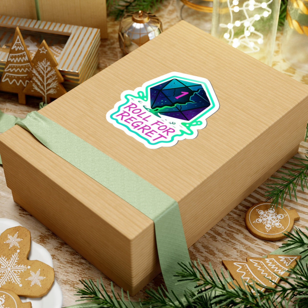 “Roll for Regret” – Neon D20 Die Cut Sticker