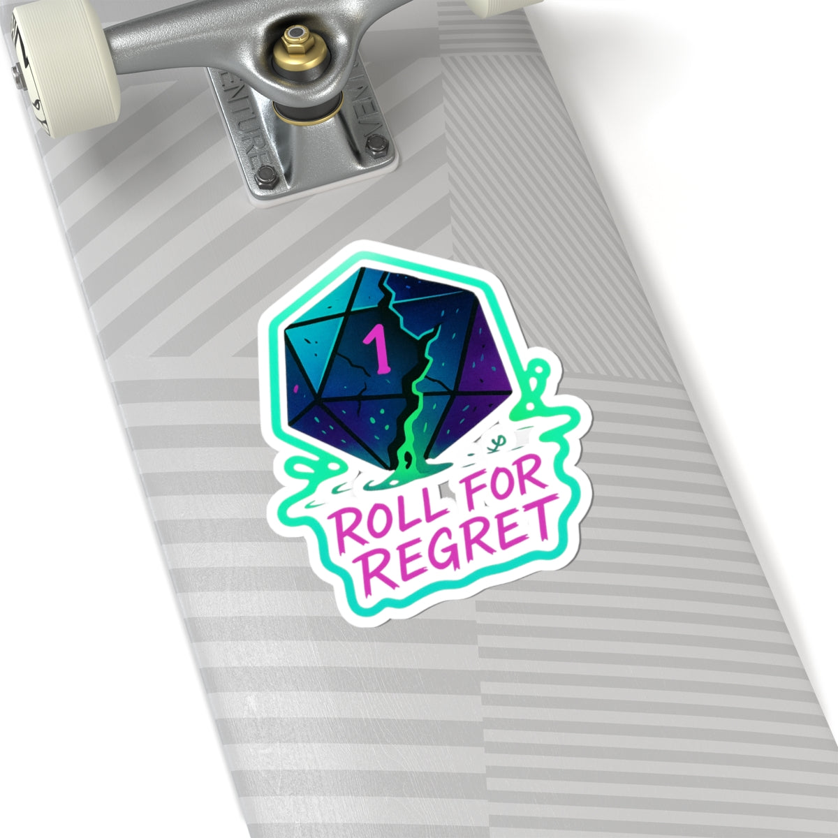 “Roll for Regret” – Neon D20 Die Cut Sticker