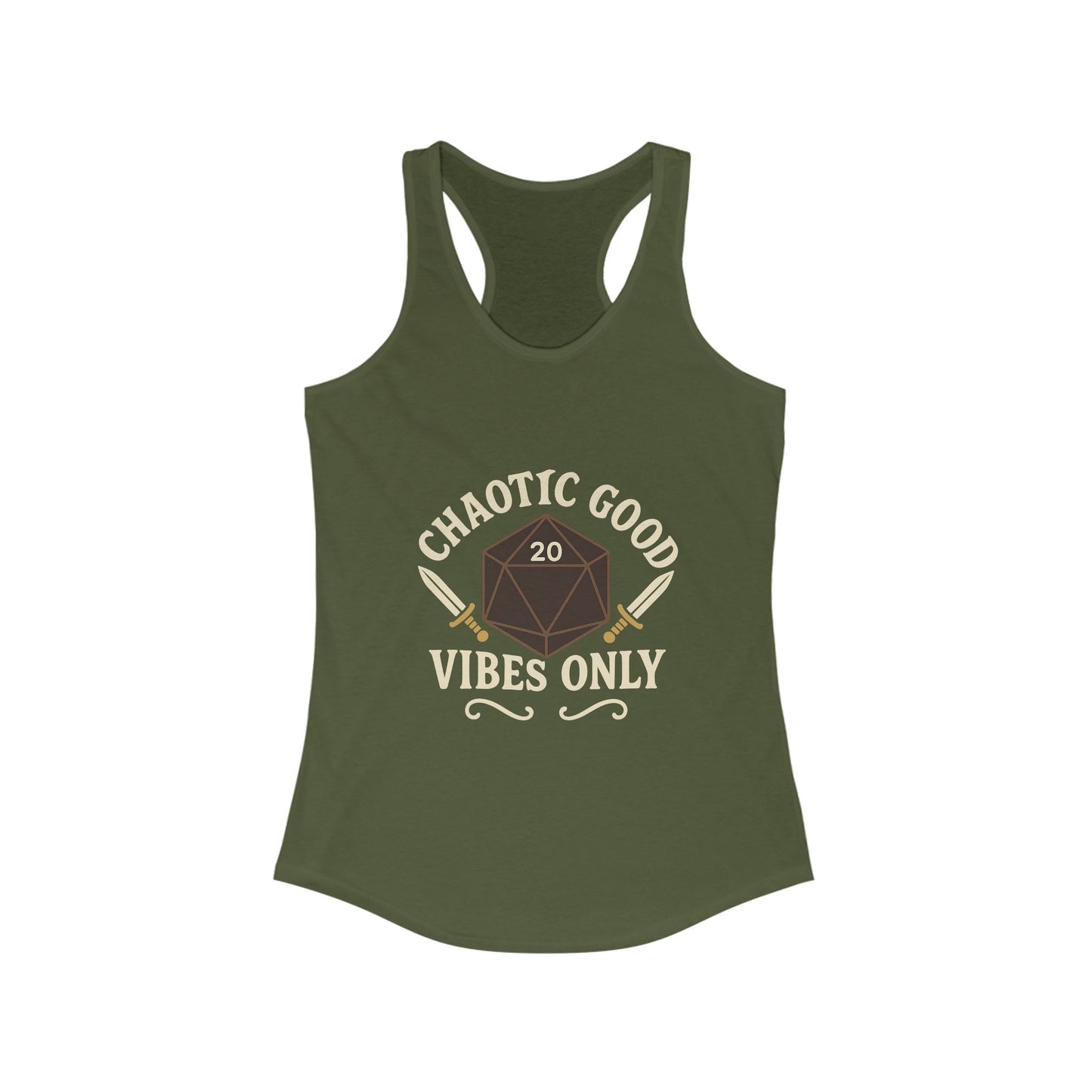 Chaotic Good Vibes Only – D20 Sword Emblem Design Razorback Tank