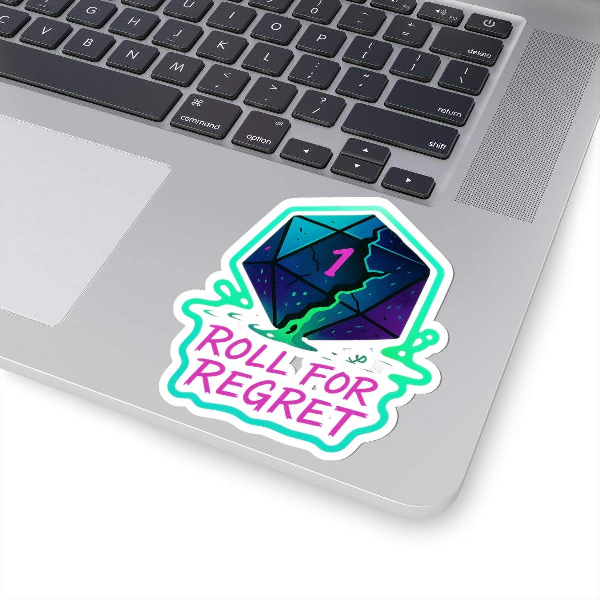 “Roll for Regret” – Neon D20 Die Cut Sticker