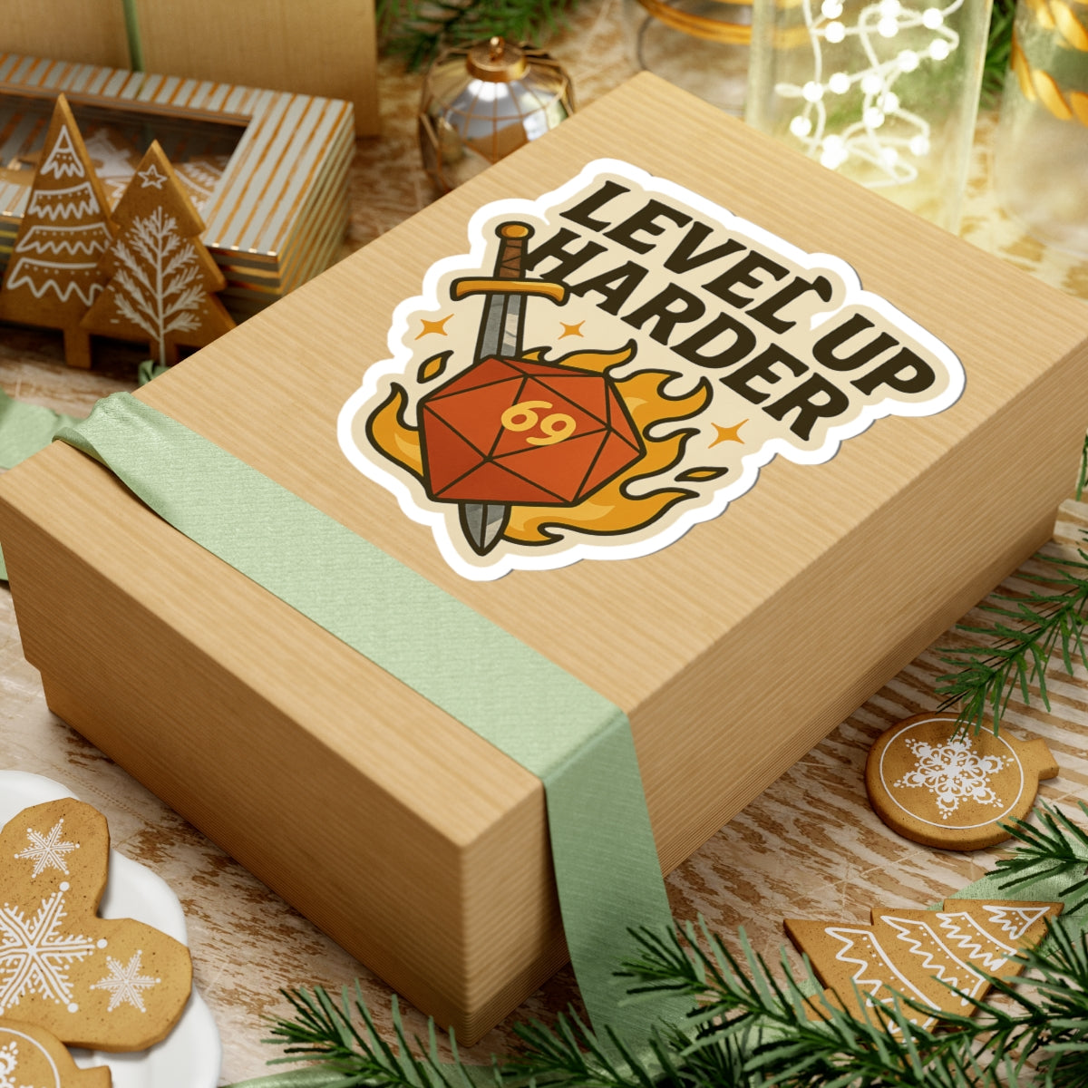 Level Up Harder – D20 Sword & Flame Die Cut Sticker