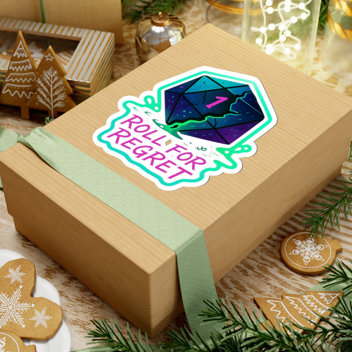 “Roll for Regret” – Neon D20 Die Cut Sticker