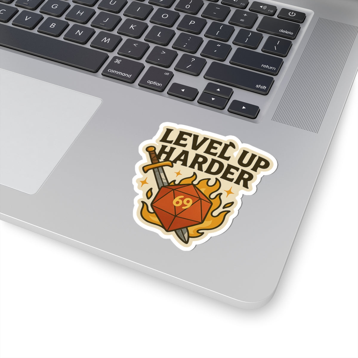 Level Up Harder – D20 Sword & Flame Die Cut Sticker