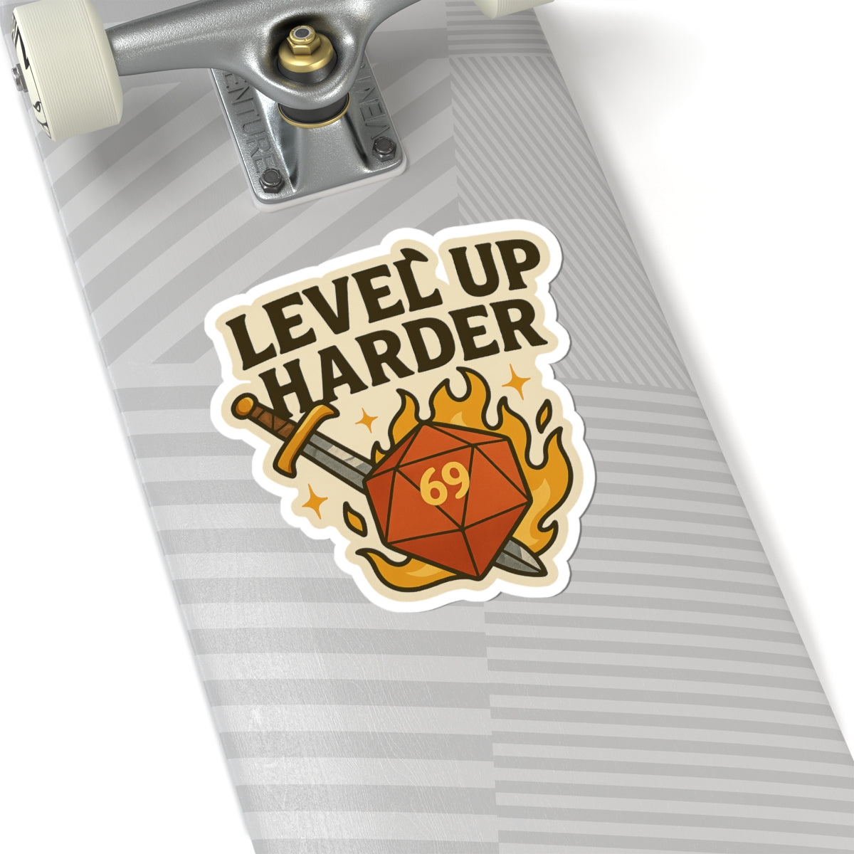 Level Up Harder – D20 Sword & Flame Die Cut Sticker
