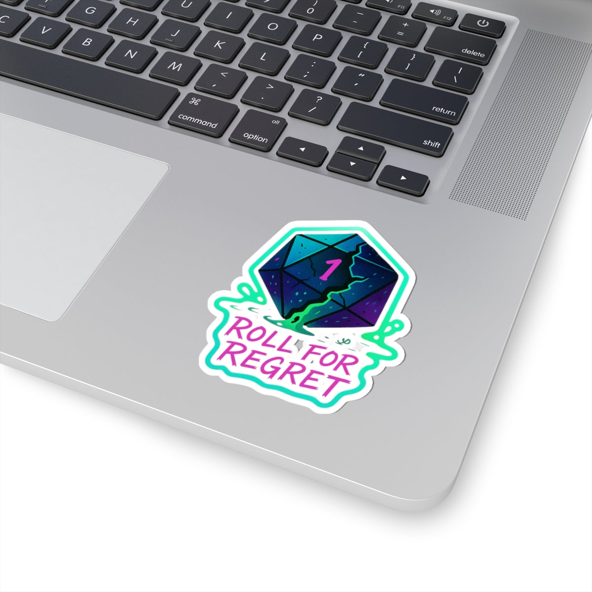 “Roll for Regret” – Neon D20 Die Cut Sticker