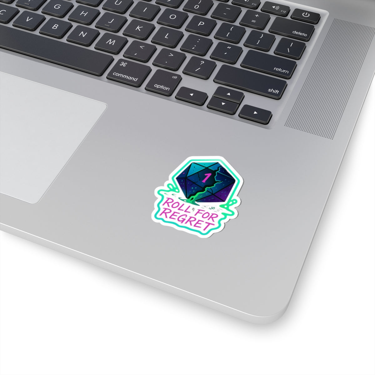 “Roll for Regret” – Neon D20 Die Cut Sticker