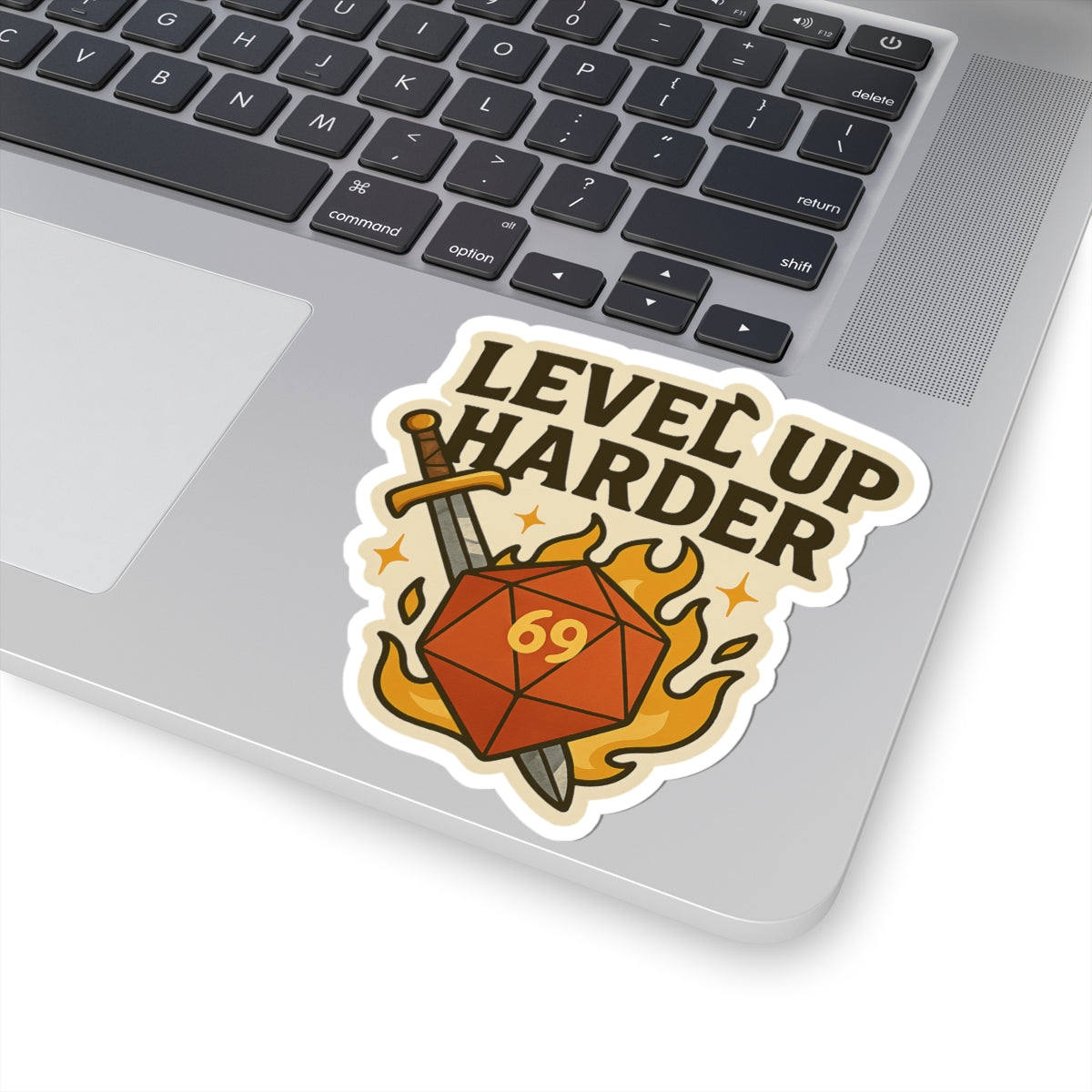 Level Up Harder – D20 Sword & Flame Die Cut Sticker