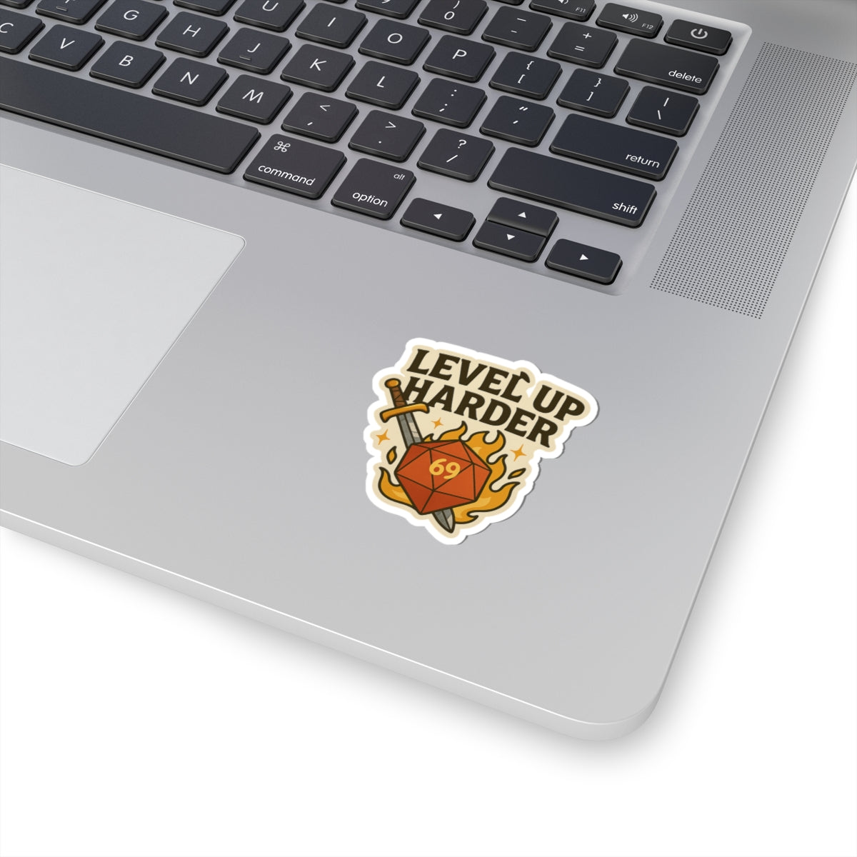 Level Up Harder – D20 Sword & Flame Die Cut Sticker